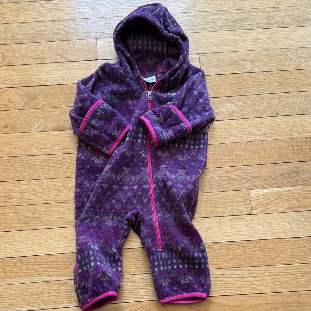 Kids Hooded Purple Fleece One-Piece Footie with Pink Trim